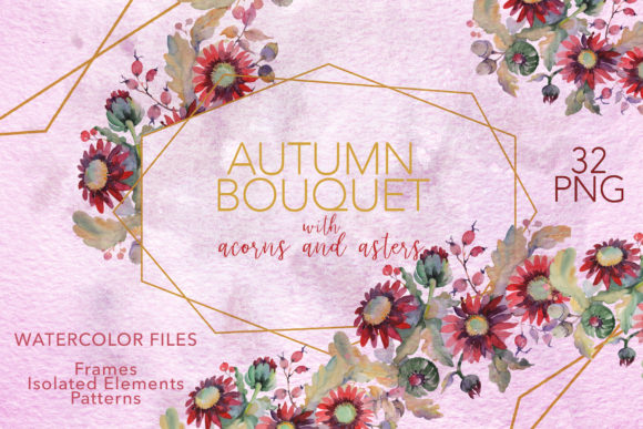 Autumn Bouquet with Acorns & Asters Illustrations