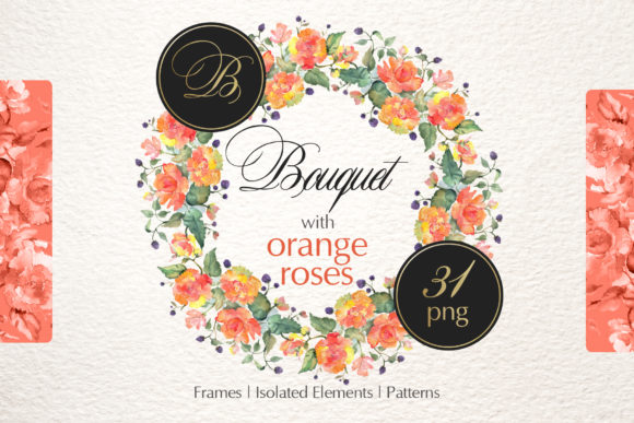 Bouquet with Orange Roses Watercolor Png Illustrations