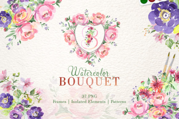 Bouquet with Wildflowers Set Watercolor Png Illustrations