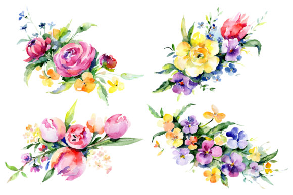 Bouquets with Violas, Roses Watercolor PNG Illustrations