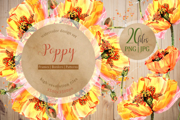 Cool Yellow Poppies Watercolor Set & Illustrations