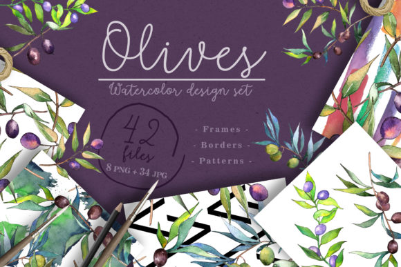 Olive Tree Watercolor Set Illustrations