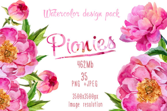 Paradise Pink Peonies PNG Watercolor Set