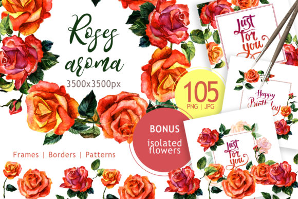 Paradise Roses PNG Watercolor Flower Set
