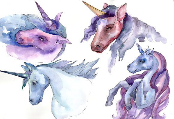 Sweet Purple Unicorn Horse Watercolor Set Illustrations