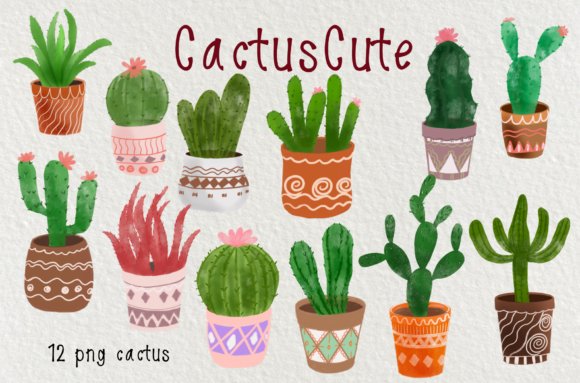 Watercolor Cactus Cute Clipart & Illustrations