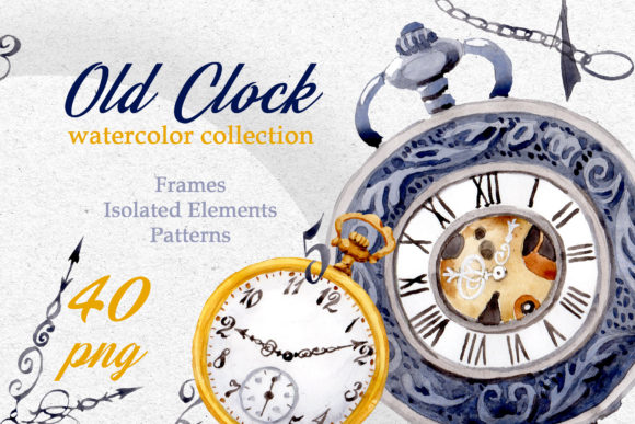 Watercolor OLD CLOCK PNG Set & Illustrations